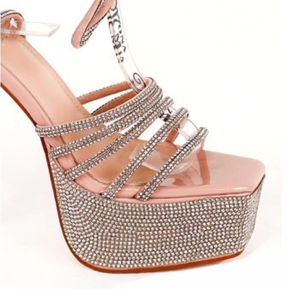 Size 10 Bella City Nude Strappy Ankle Wrap Rhinestone Embellished Platform Heels - Picture 7 of 9